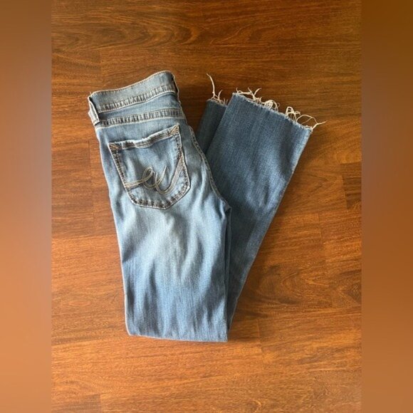 Express Stretch Barely Boot Jeans 4S Mid Rise Raw Hem Blue Denim - Picture 2 of 6